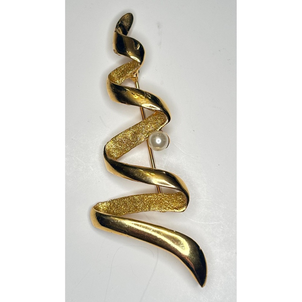 Vintage Brooch Abstract Christmas Tree Gold Tone Faux Pearl 1980s